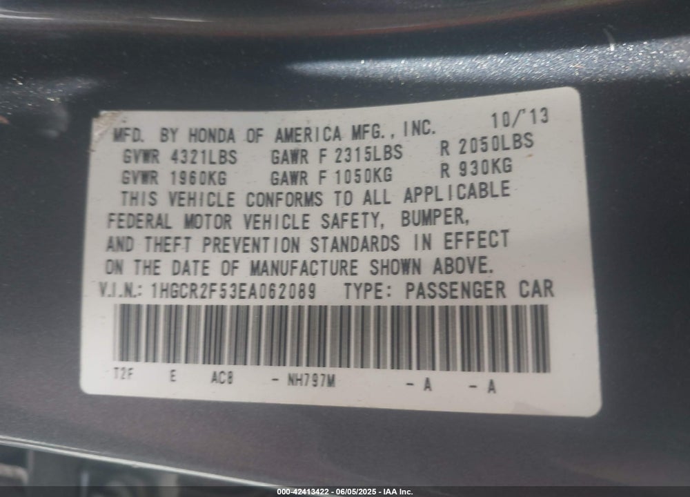 2014 HONDA ACCORD VIN: 1HGCR2F53EA062089