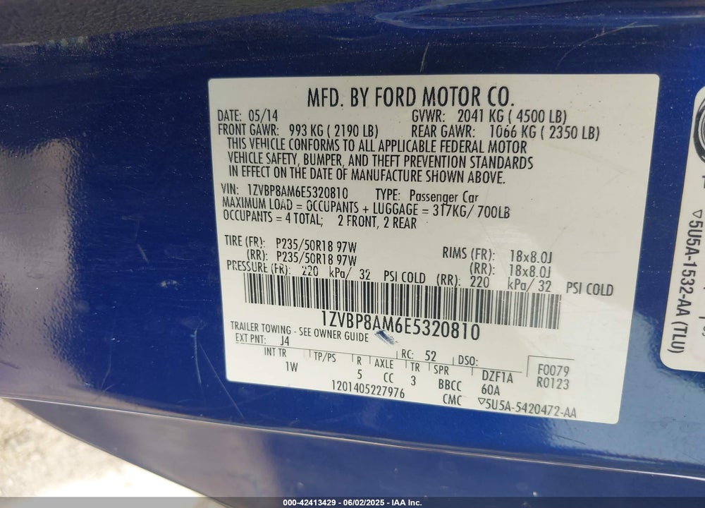 2014 FORD MUSTANG V6 VIN: 1ZVBP8AM6E5320810