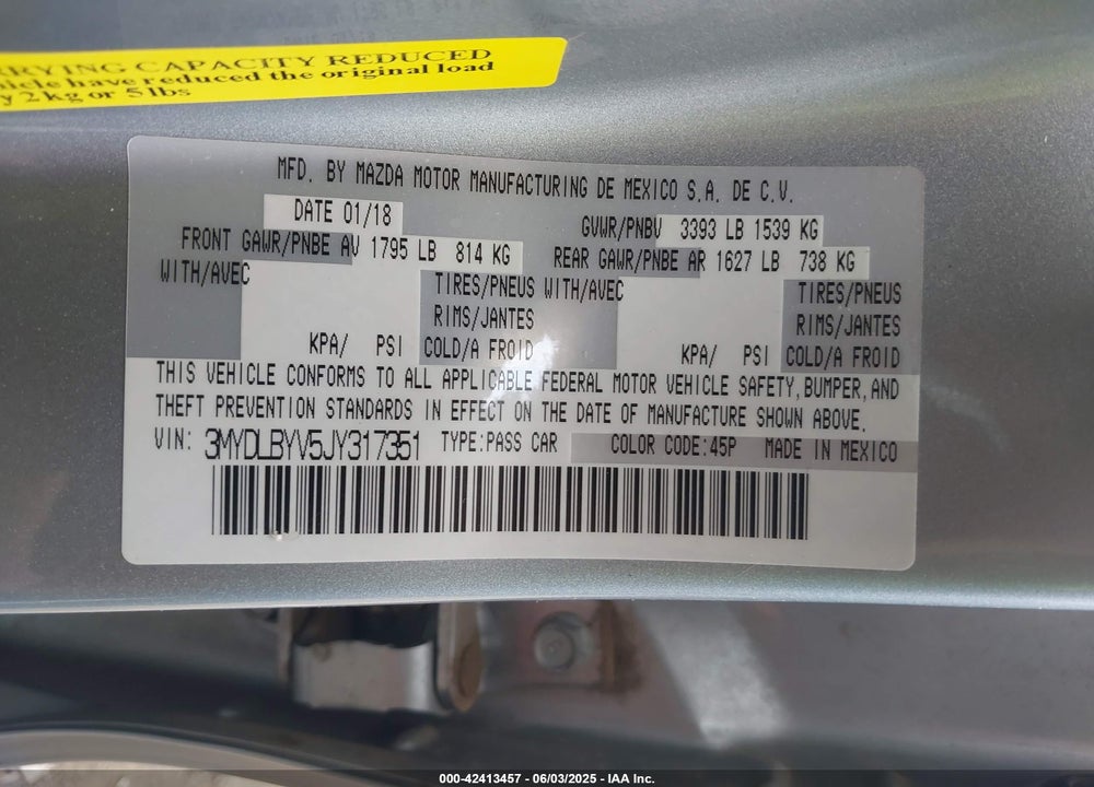 2018 TOYOTA YARIS IA VIN: 3MYDLBYV5JY317351