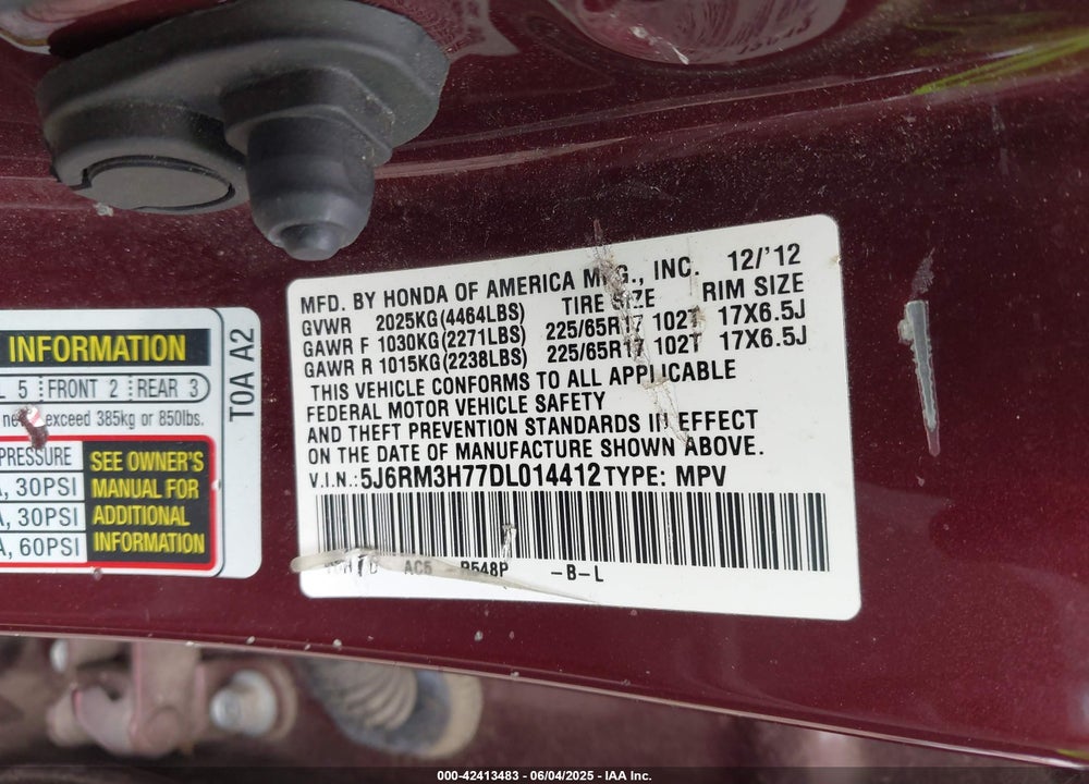 2013 HONDA CR-V VIN: 5J6RM3H77DL014412
