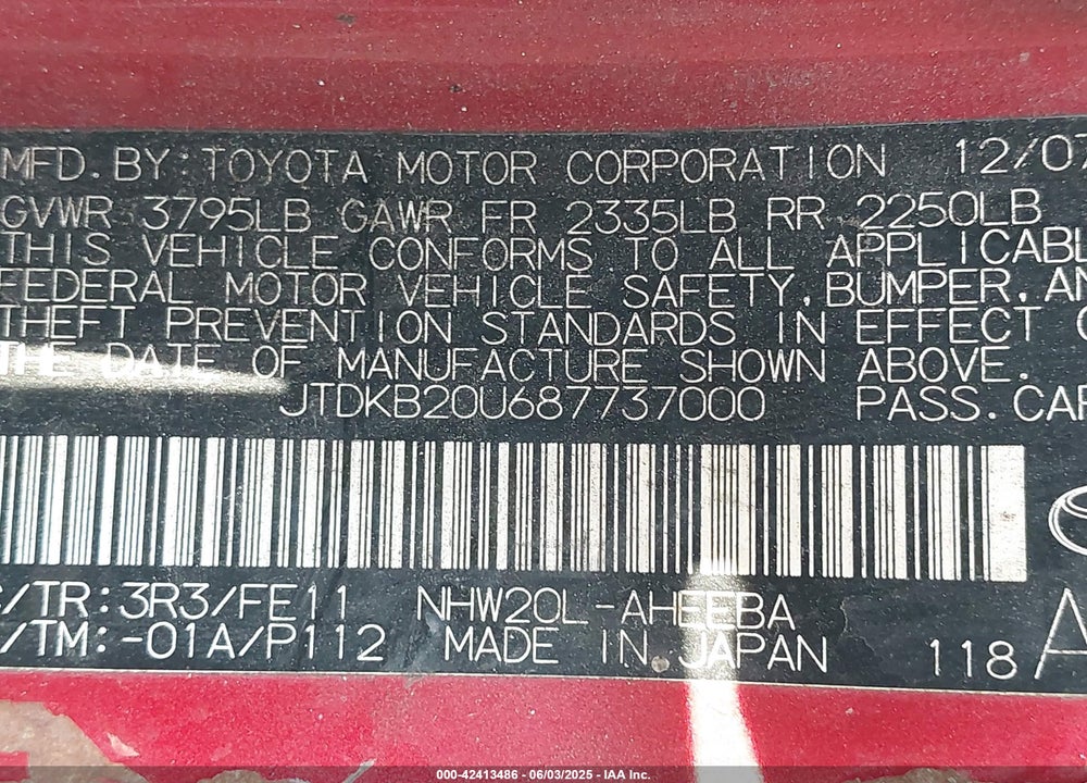 2008 TOYOTA PRIUS VIN: JTDKB20U687737000