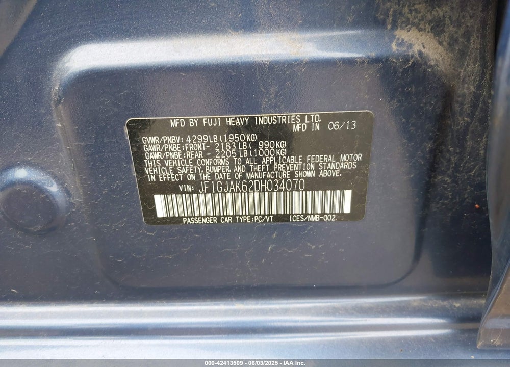 2013 SUBARU IMPREZA VIN: JF1GJAK62DH034070