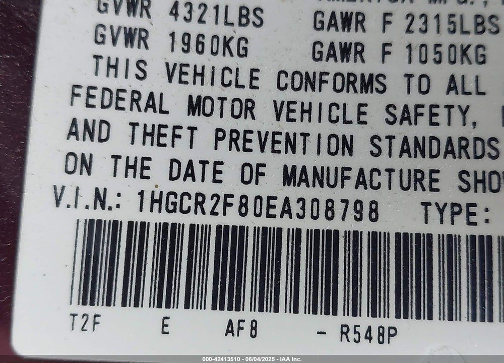 2014 HONDA ACCORD EX-L VIN: 1HGCR2F80EA308798