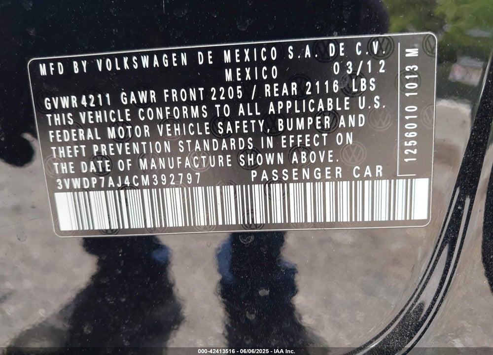 2012 VOLKSWAGEN JETTA 2.5L SE VIN: 3VWDP7AJ4CM392797