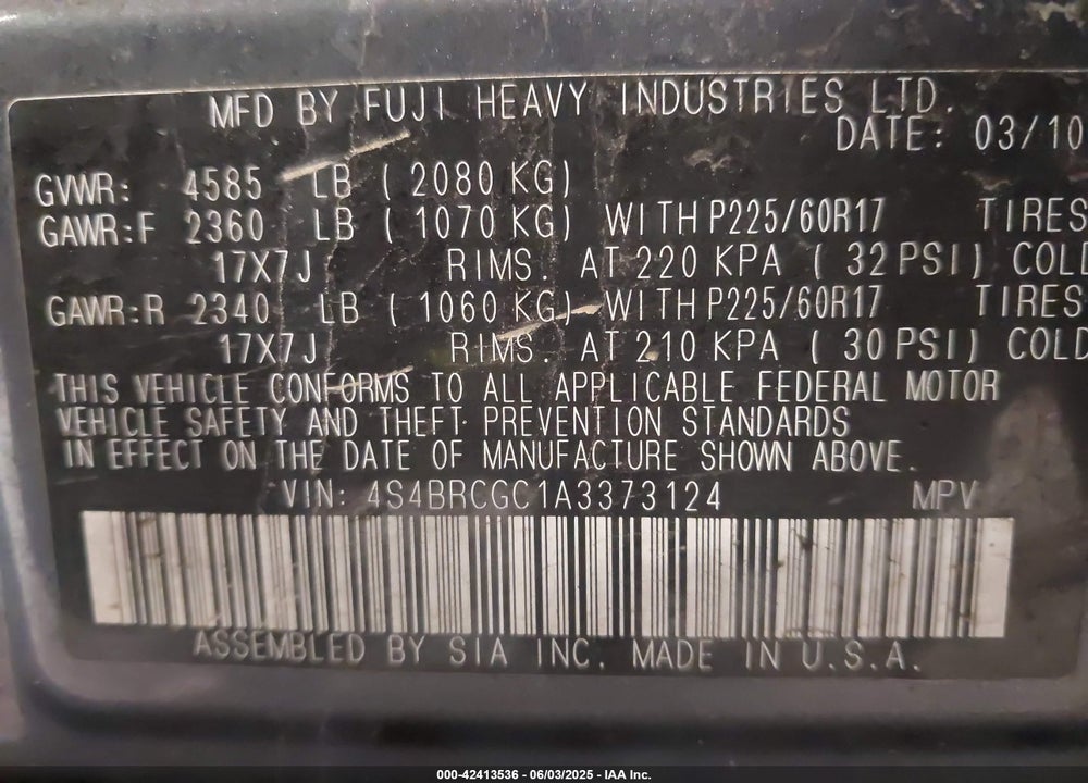 2010 SUBARU OUTBACK 2.5I PREMIUM VIN: 4S4BRCGC1A3373124