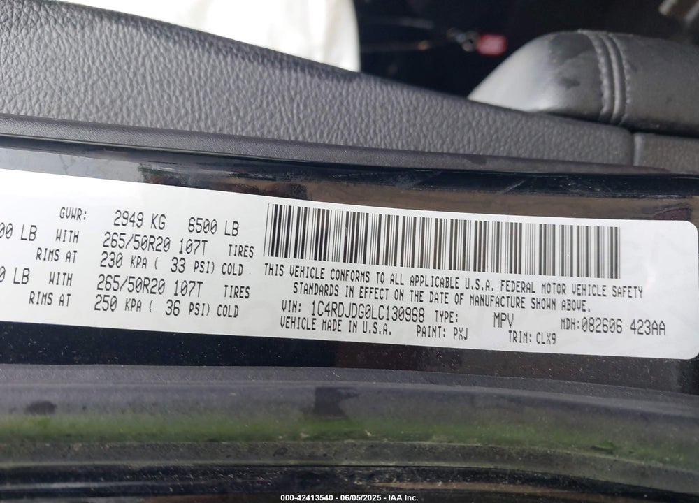2020 DODGE DURANGO VIN: 1C4RDJDG0LC130968
