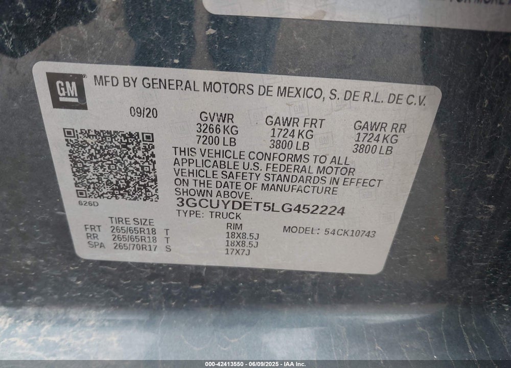 2020 CHEVROLET SILVERADO 1500 4WD STANDARD BED LT VIN: 3GCUYDET5LG452224