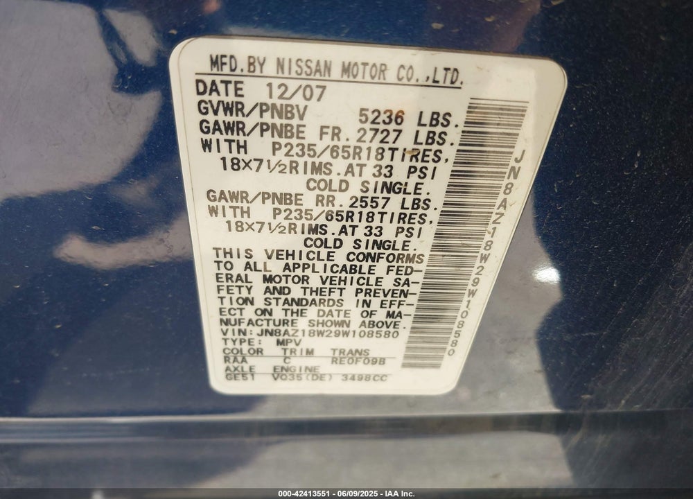 2009 NISSAN MURANO S VIN: JN8AZ18W29W108580