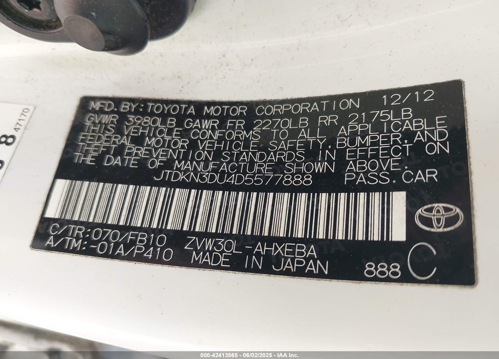 2013 TOYOTA PRIUS TWO VIN: JTDKN3DU4D5577888