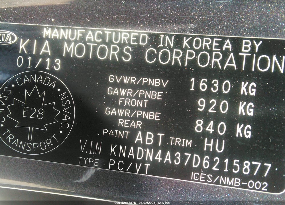 2013 KIA RIO VIN: KNADN4A37D6215877