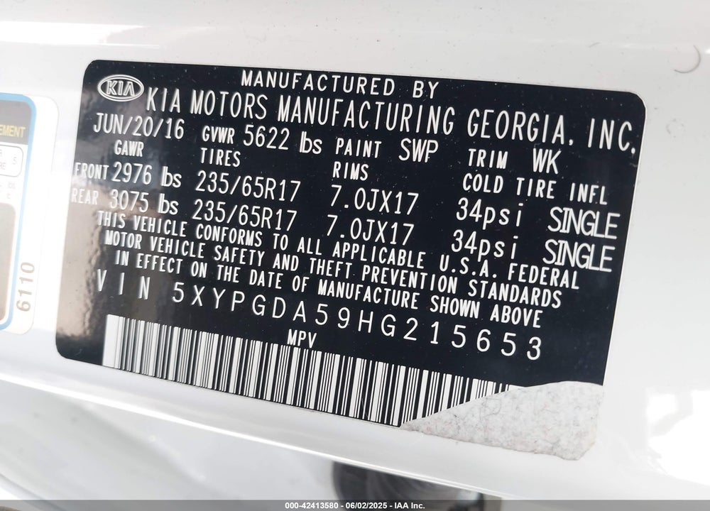2017 KIA SORENTO VIN: 5XYPGDA59HG215653
