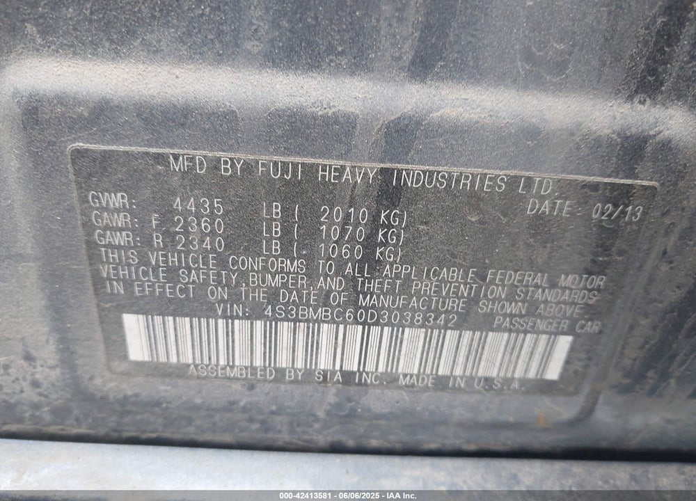 2013 SUBARU LEGACY 2.5I PREMIUM VIN: 4S3BMBC60D3038342