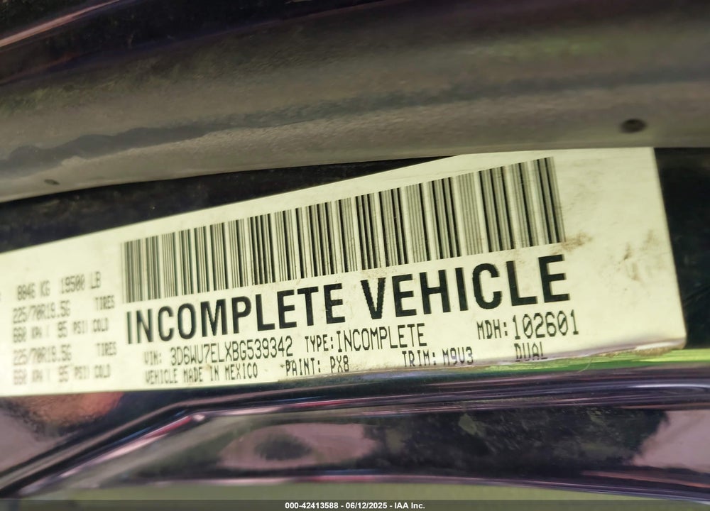 2011 RAM 5500 HD CHASSIS ST/SLT VIN: 3D6WU7ELXBG539342
