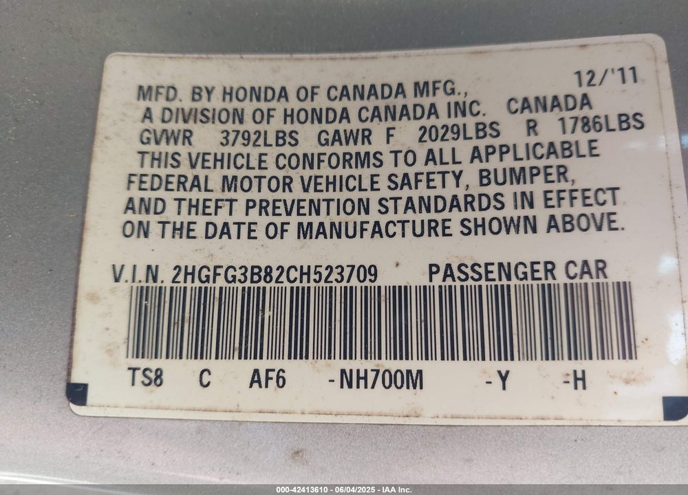 2012 HONDA CIVIC VIN: 2HGFG3B82CH523709