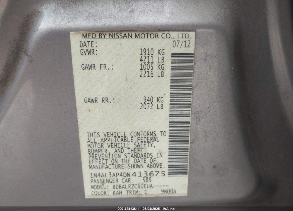2013 NISSAN ALTIMA VIN: 1N4AL3AP4DN413675