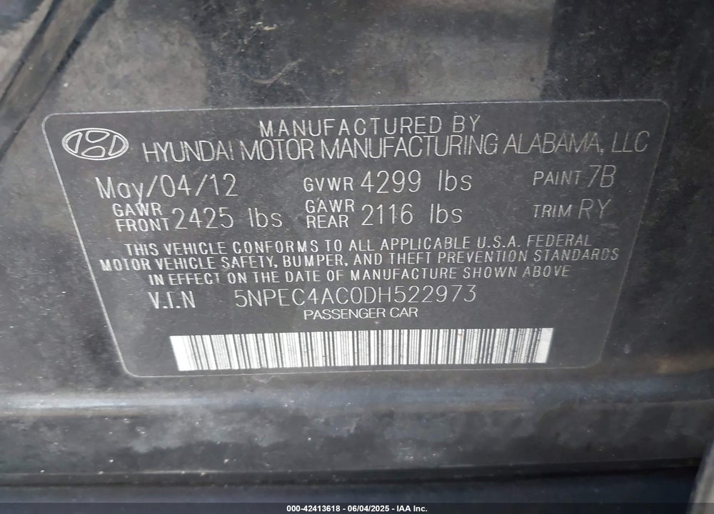 2013 HYUNDAI SONATA VIN: 5NPEC4AC0DH522973