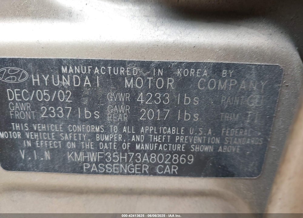2003 HYUNDAI SONATA GLS/LX VIN: KMHWF35H73A802869