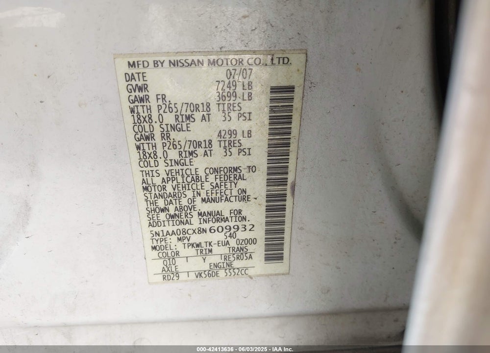 2008 NISSAN ARMADA VIN: 5N1AA08CX8N609932