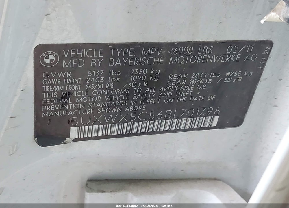2011 BMW X3 XDRIVE28I VIN: 5UXWX5C56BL701796