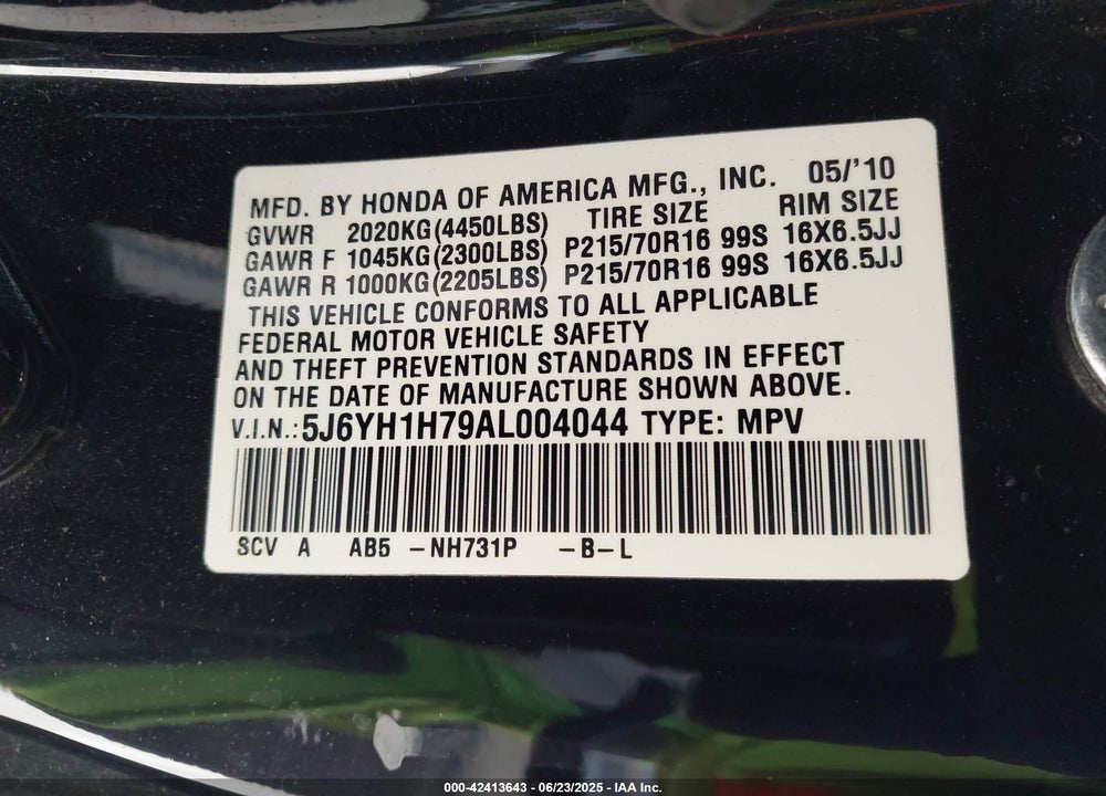 2010 HONDA ELEMENT VIN: 5J6YH1H79AL004044