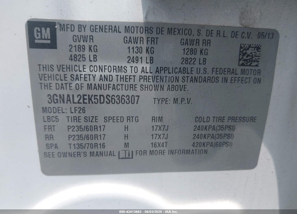 2013 CHEVROLET CAPTIVA SPORT VIN: 3GNAL2EK5DS636307