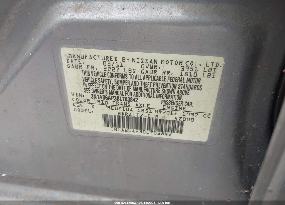 2011 NISSAN SENTRA 2.0S VIN: 3N1AB6AP3BL703842