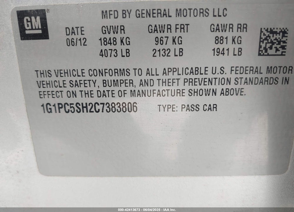2012 CHEVROLET CRUZE VIN: 1G1PC5SH2C7383806