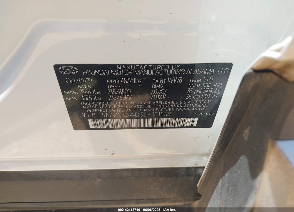 2020 HYUNDAI SANTA FE VIN: 5NMS33AD3LH181859