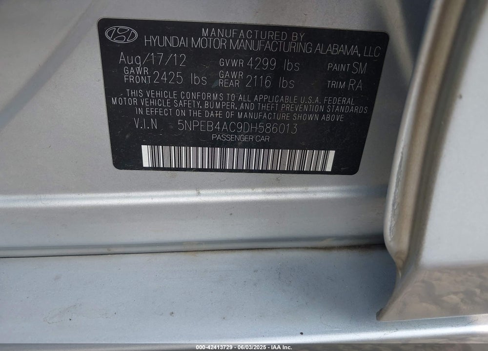 2013 HYUNDAI SONATA VIN: 5NPEB4AC9DH586013