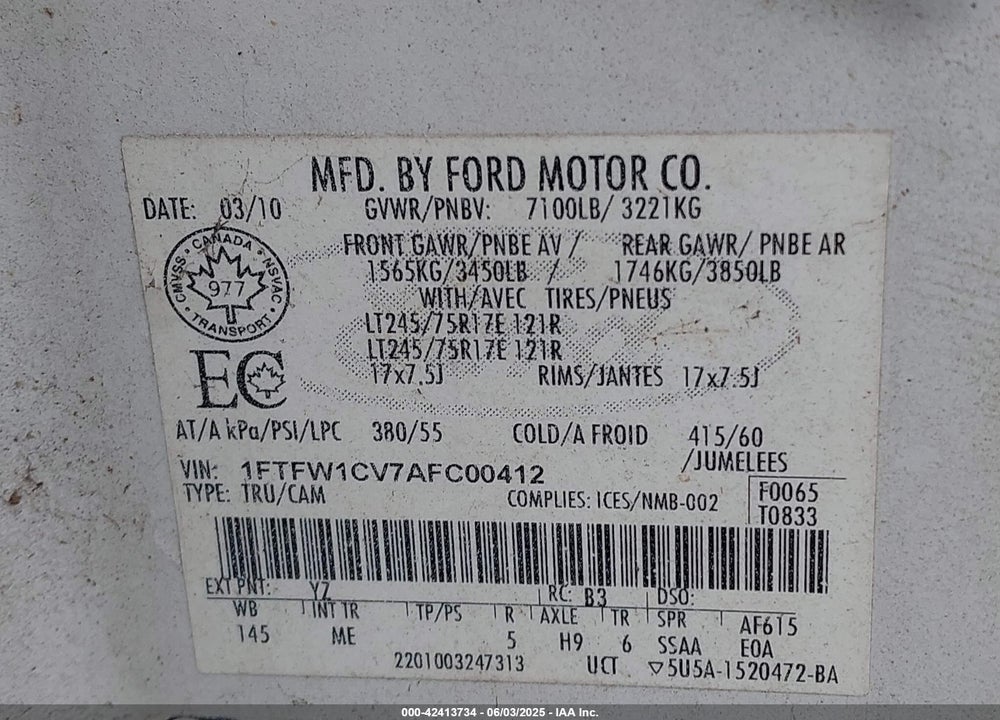2010 FORD F150 VIN: 1FTFW1CV7AFC00412