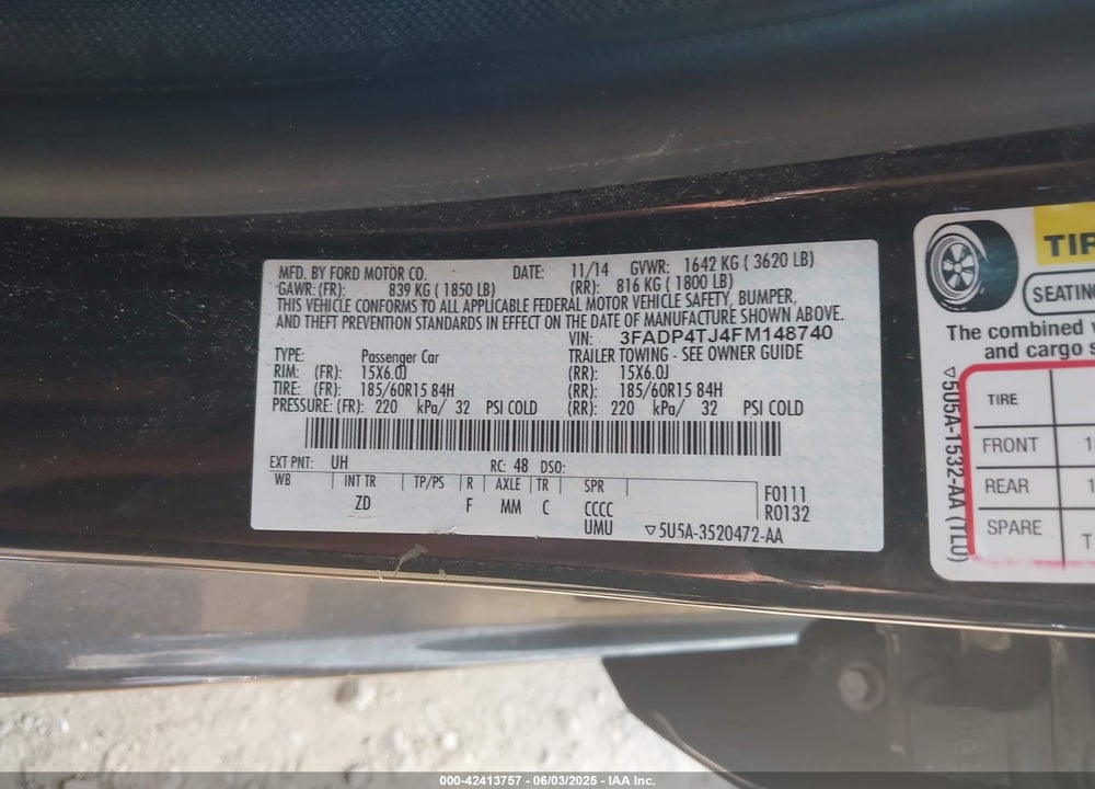 2015 FORD FIESTA S VIN: 3FADP4TJ4FM148740