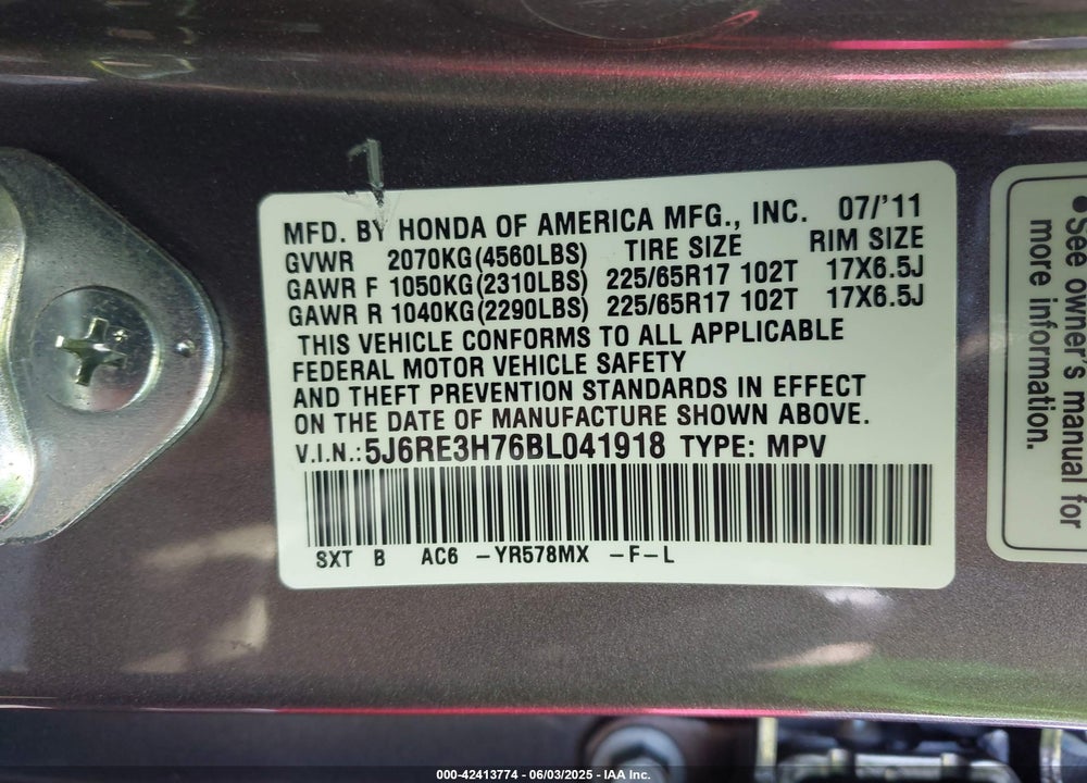 2011 HONDA CR-V EX-L VIN: 5J6RE3H76BL041918