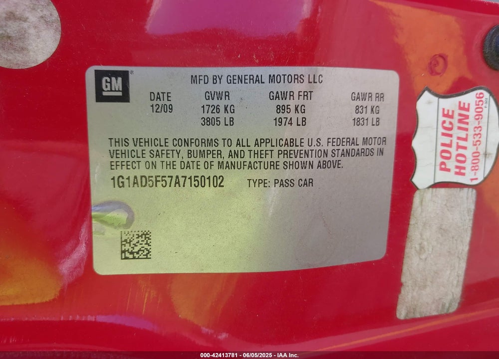 2010 CHEVROLET COBALT VIN: 1G1AD5F57A7150102