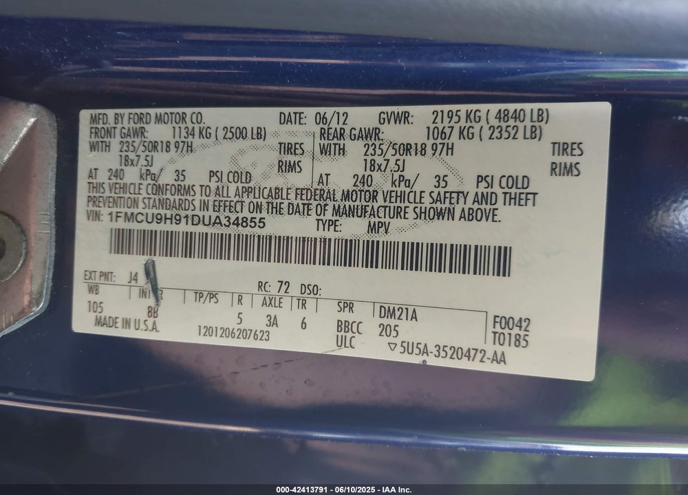 2013 FORD ESCAPE VIN: 1FMCU9H91DUA34855