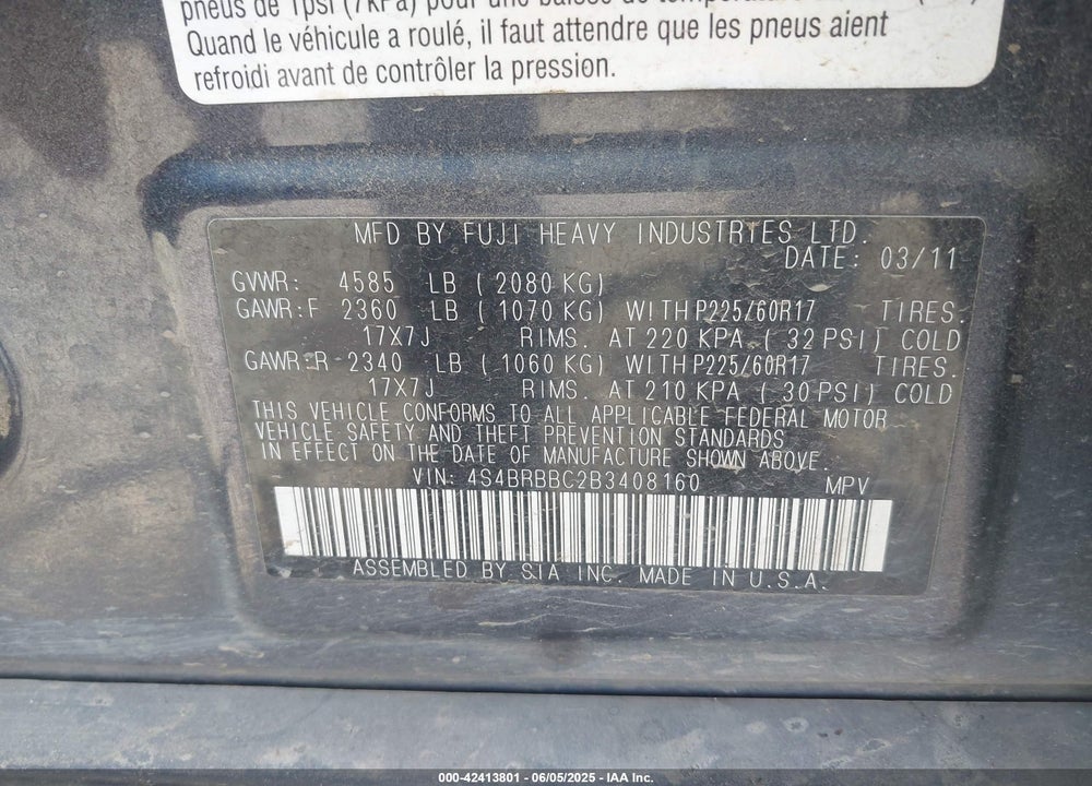 2011 SUBARU OUTBACK VIN: 4S4BRBBC2B3408160