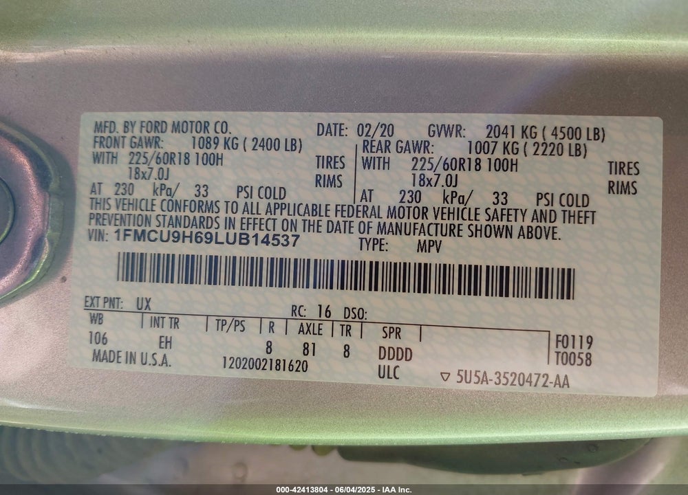 2020 FORD ESCAPE VIN: 1FMCU9H69LUB14537