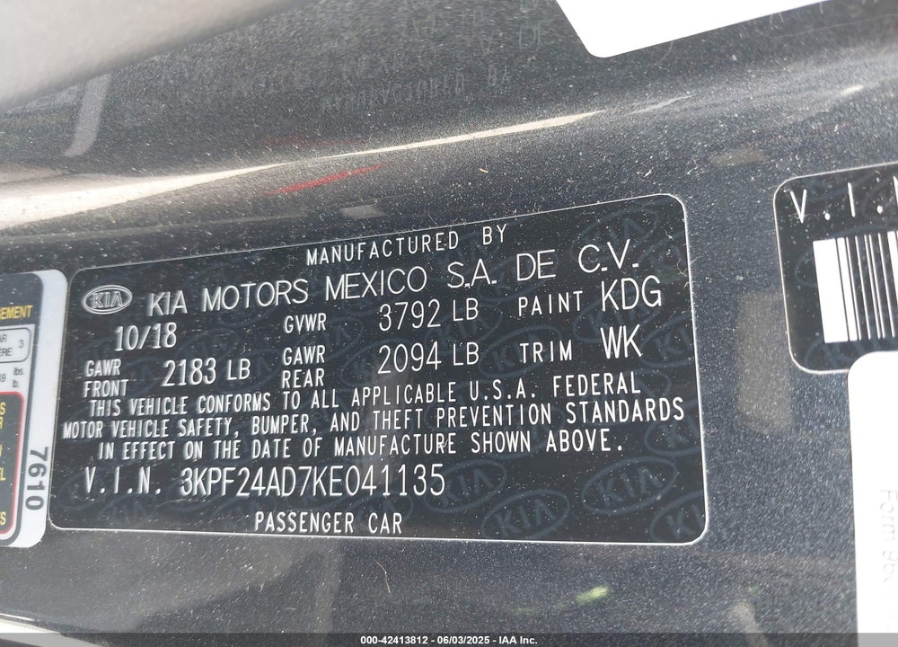 2019 KIA FORTE VIN: 3KPF24AD7KE041135