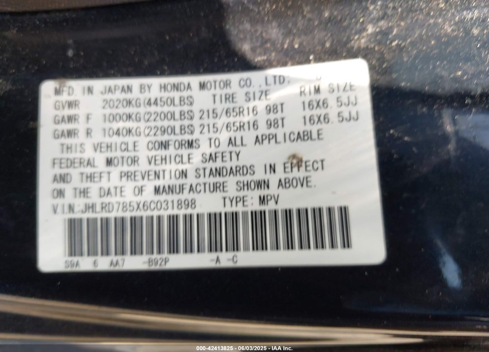 2006 HONDA CR-V LX VIN: JHLRD785X6C031898