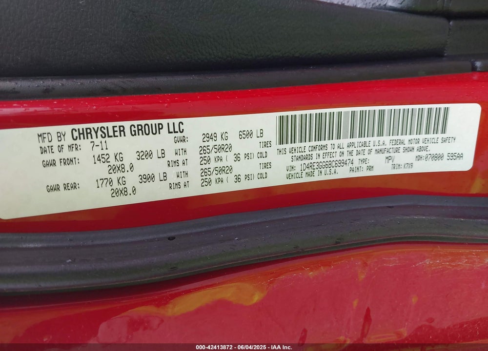 2011 DODGE DURANGO VIN: 1D4RE3GG6BC699474