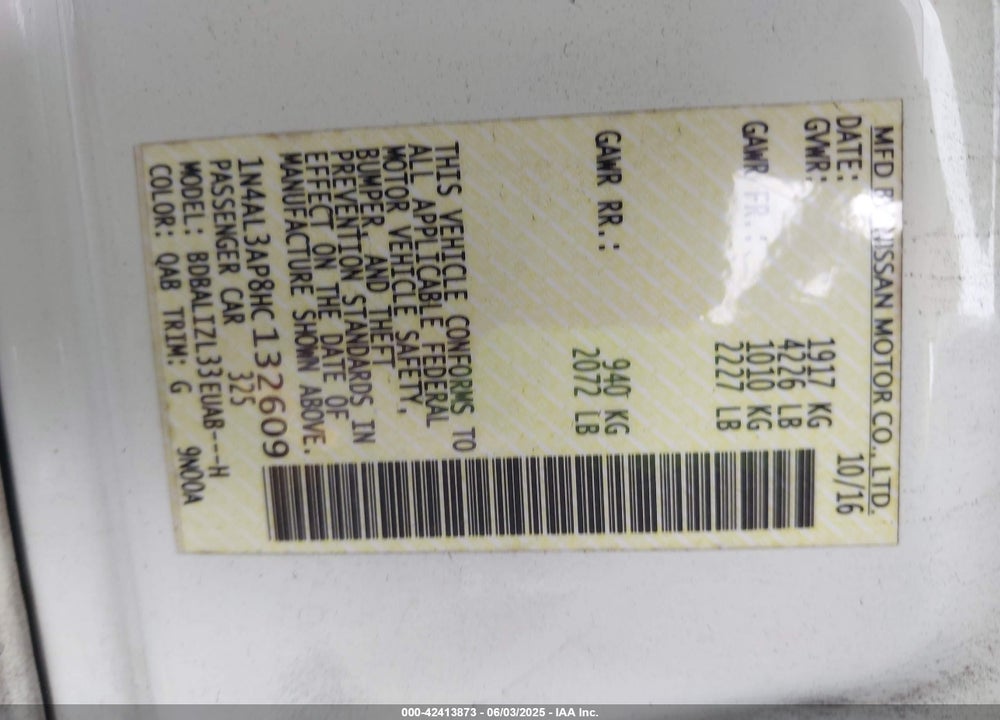 2017 NISSAN ALTIMA VIN: 1N4AL3AP8HC132609