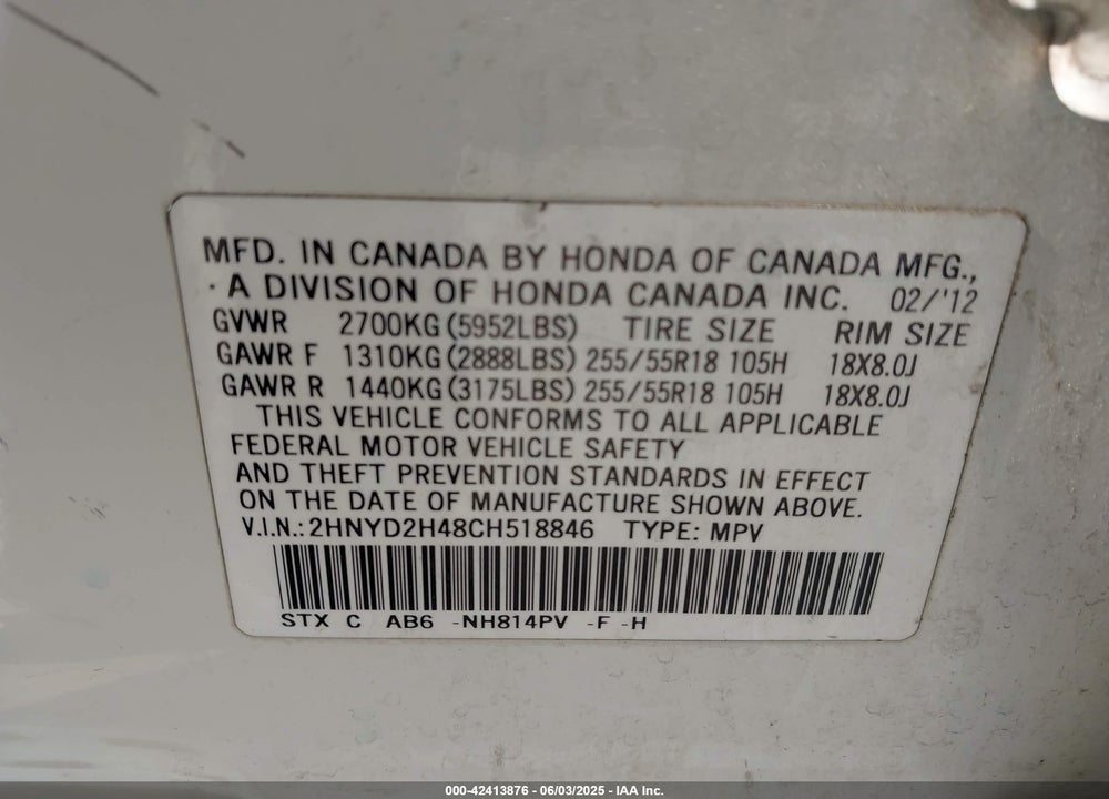 2012 ACURA MDX VIN: 2HNYD2H48CH518846