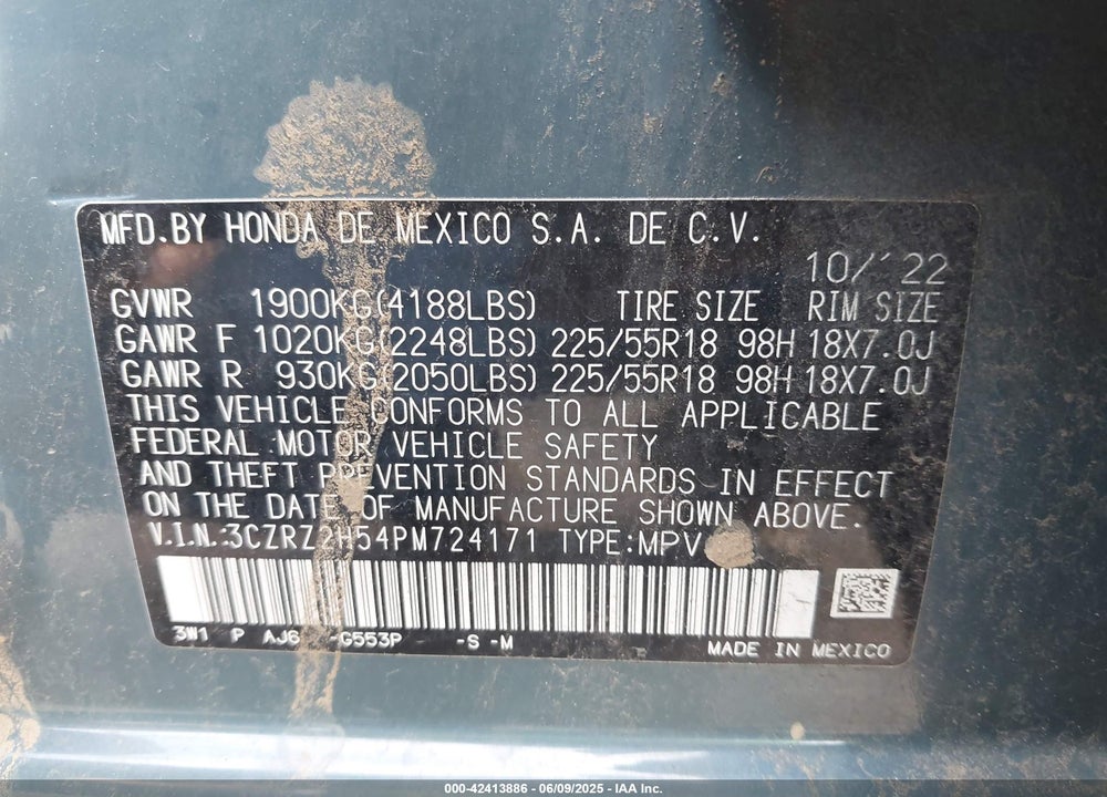 2023 HONDA HR-V VIN: 3CZRZ2H54PM724171