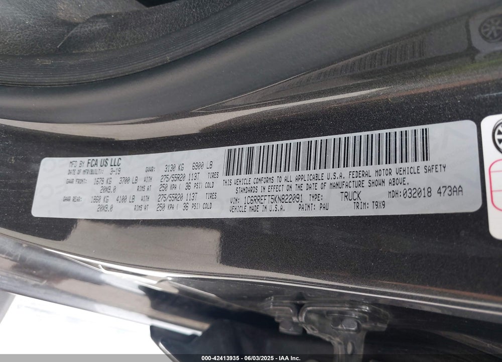 2019 RAM 1500 VIN: 1C6RREFT5KN822091