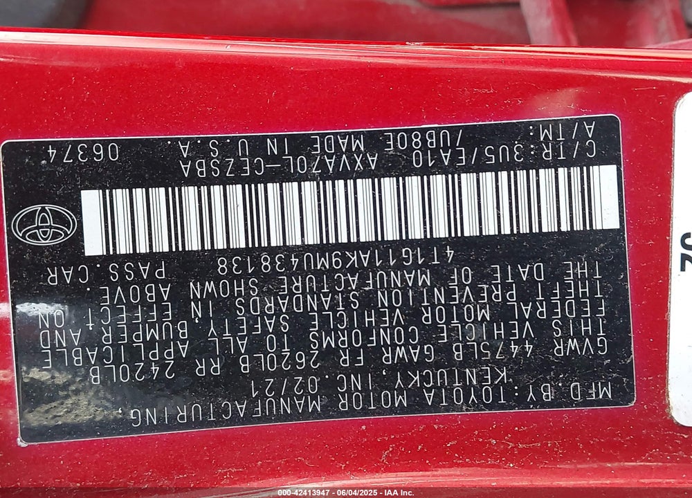 2021 TOYOTA CAMRY VIN: 4T1G11AK9MU438138