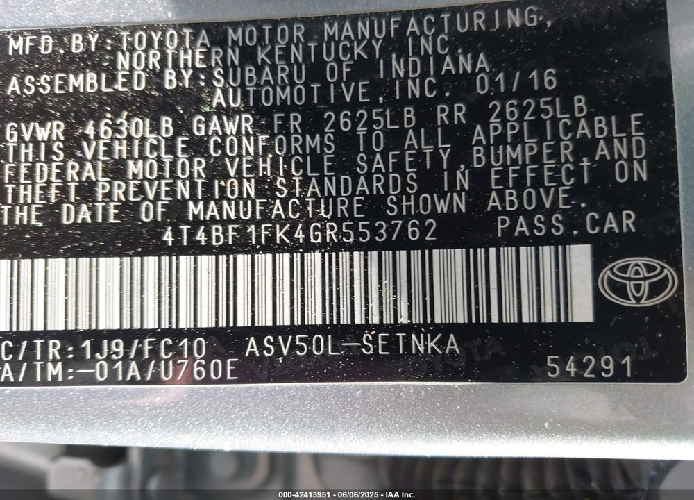 2016 TOYOTA CAMRY VIN: 4T4BF1FK4GR553762
