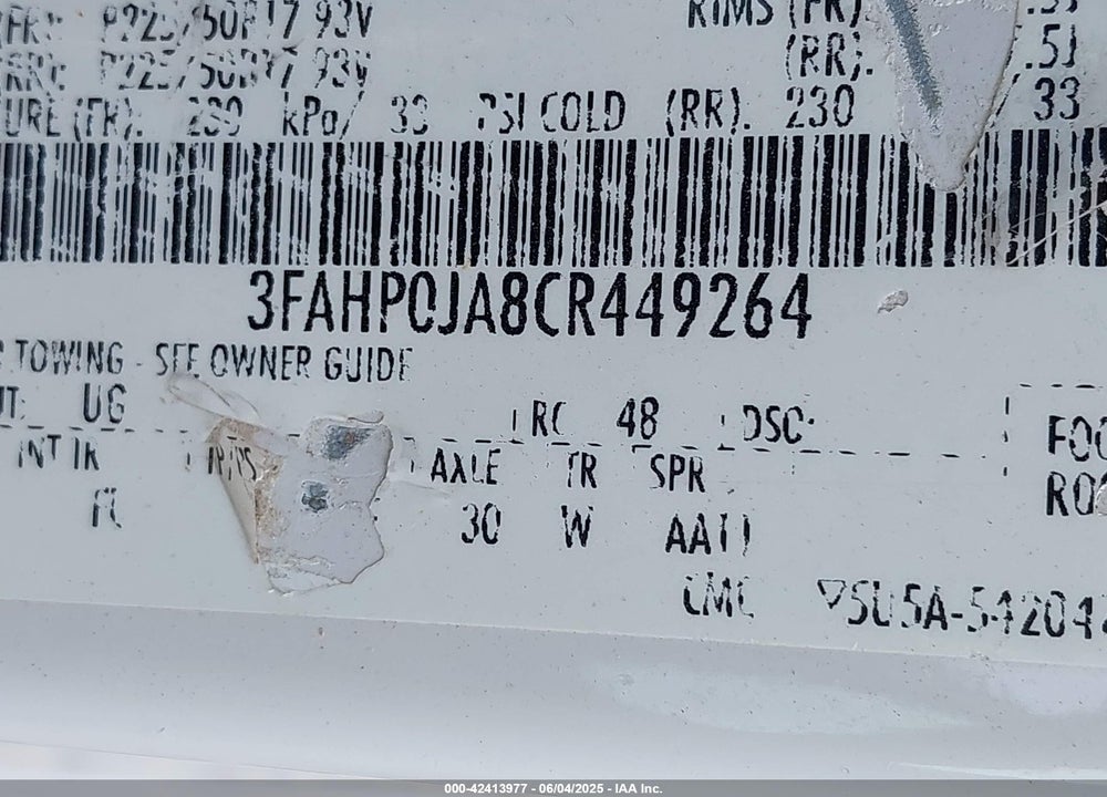 2012 FORD FUSION SEL VIN: 3FAHP0JA8CR449264