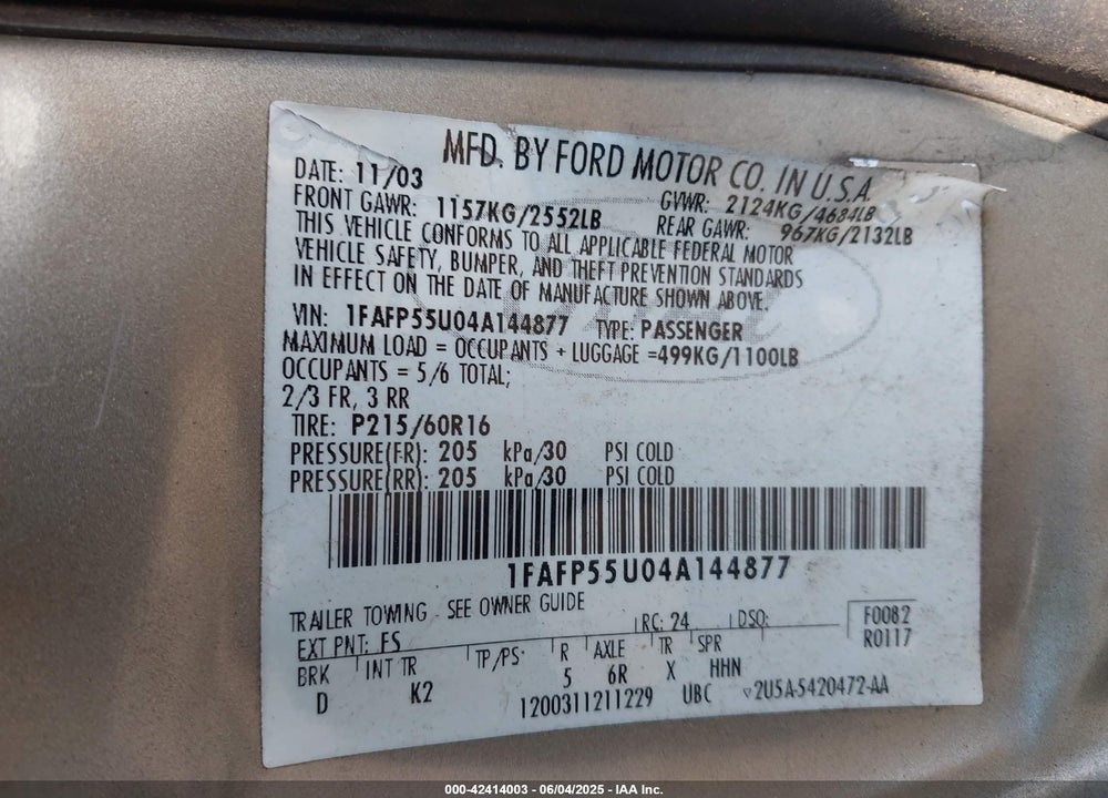 2006 FORD TAURUS VIN: 1FAFP53U46A162157