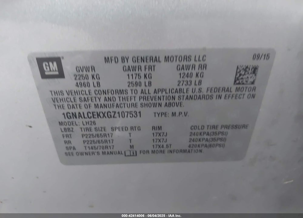 2016 CHEVROLET EQUINOX VIN: 1GNALCEKXGZ107531