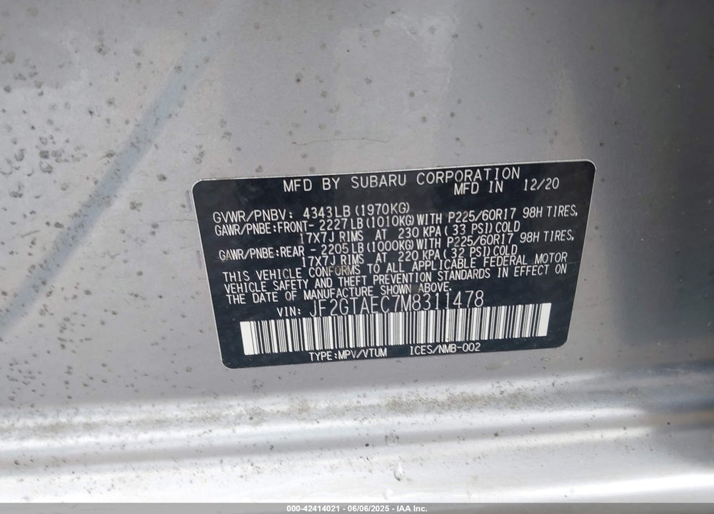 2021 SUBARU CROSSTREK VIN: JF2GTAEC7M8311478
