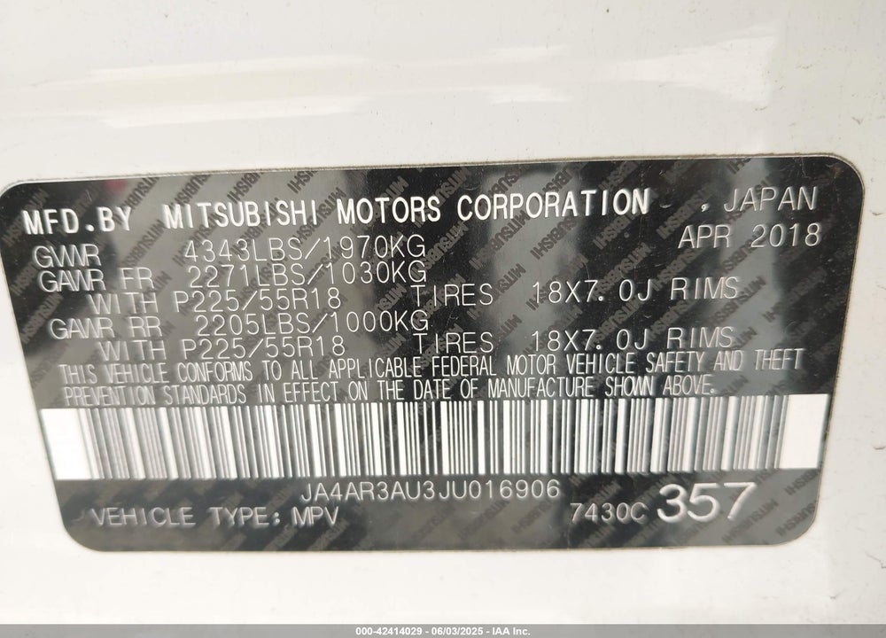 2018 MITSUBISHI OUTLANDER SPORT 2.0 ES VIN: JA4AR3AU3JU016906